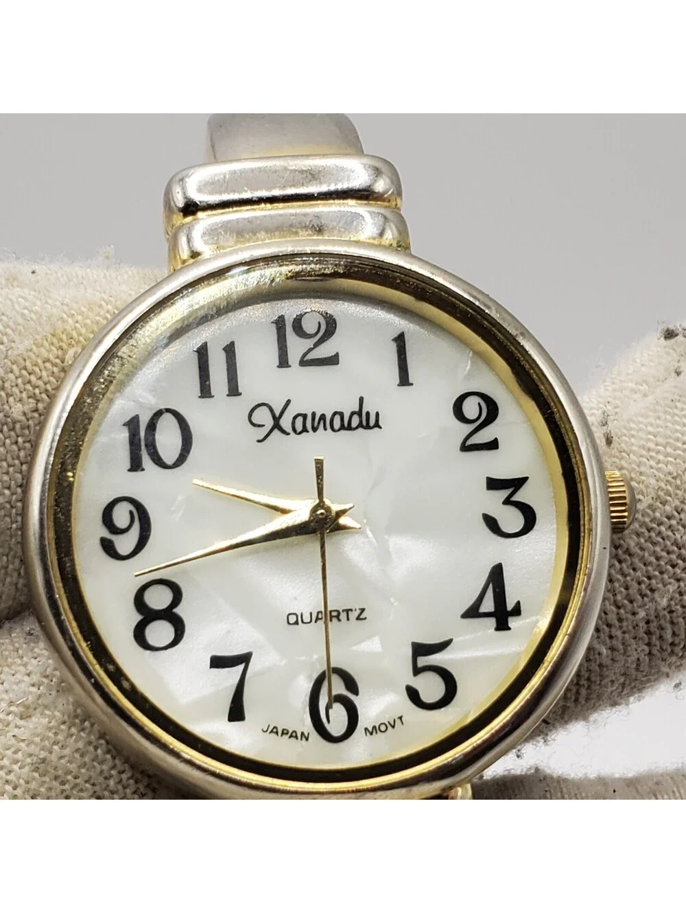 Xanadu Cuff Band Two-Tone Womens Watch  30mm White Round Dial New Battery